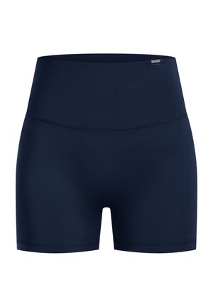 Granatowe szorty z wysokim stanem wykonane z elastycznego materiału o gładkiej fakturze i płaskich szwach, zaprojektowane z myślą o komforcie i swobodzie ruchów.
