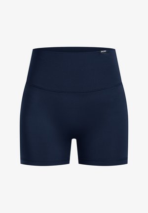 Granatowe szorty z wysokim stanem wykonane z elastycznego materiału o gładkiej fakturze i płaskich szwach, zaprojektowane z myślą o komforcie i swobodzie ruchów.