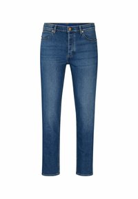 Blue denim jeans with a straight fit, featuring five pockets, belt loops, and a button closure. Light whiskering and contrast stitching.