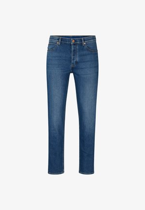 Blå denimjeans med rak passform, som har fem fickor, bälteslopp och knäppning med knapp. Ljus förslitning och kontrasterande sömmar.