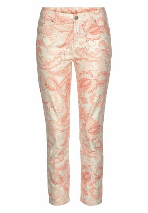 Pantalon crème cintré avec motif paisley floral délicat couleur corail, fermeture par bouton à l'avant, fermeture éclair et conception à cinq poches.