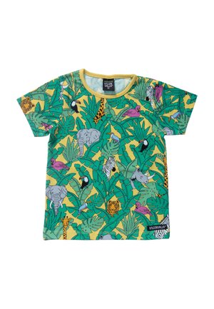 Kinder-T-Shirt mit kurzen Ärmeln, grüne tropische Blätter und bunte Dschungeltiere wie Elefanten, Giraffen, Tukanen, Zebras und Flamingos auf Gelb.