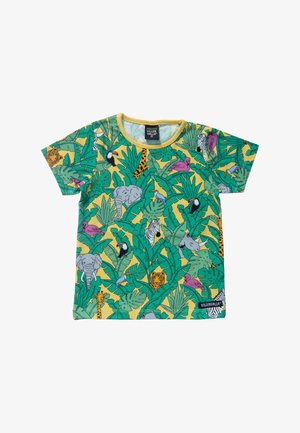 Chemise pour enfants à manches courtes avec des feuilles tropicales vertes et des animaux colorés de la jungle comme des éléphants, des girafes, des toucans, des zèbres et des flamants roses sur fond jaune.