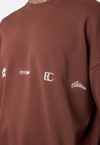 Brown sweatshirt with a crew neckline featuring white embroidered logos: "ESTEEM," "EC," and "Erteem." Soft texture, relaxed fit.