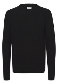Black knitted sweater with a crew neckline, long sleeves, and ribbed cuffs. Soft texture with a straight hem and a small logo accent.