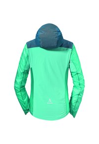 Leichte grüne und blaue Jacke mit Kapuze, langen Ärmeln, glatter Textur und einem Logo-Akzent im unteren Rückenbereich.