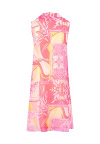 Robe sans manches rose avec un design patchwork incorporant divers motifs floraux et abstraits, fabriquée en tissu léger.