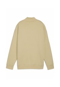Beige, oversized sweatshirt med høj hals, lange ærmer og ribbede manchetter. Glat tekstur, afslappet design, ingen synlig branding eller mønstre.