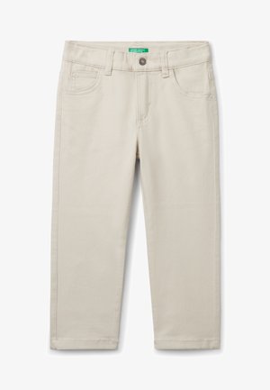 Pantalones beige de mezcla de algodón con costuras cosidas, cuatro bolsillos, bragueta frontal y pierna ligeramente ajustada. Tejido ligero con textura suave.