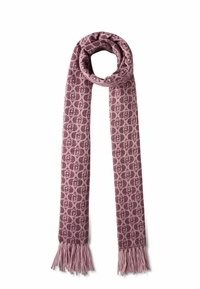 Scialle lavorato a maglia in un tessuto soffice e texture, caratterizzato da un motivo geometrico in tonalità di malva, con estremità frangiate per un tocco di dettaglio.