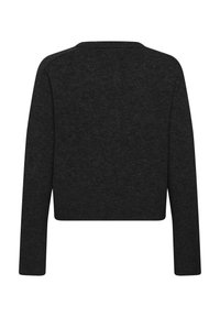 Suéter negro corto con mangas largas, hecho de un tejido suave. Presenta un bajo acanalado y un cuello redondo sencillo. Sin estampados ni adornos.