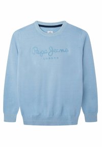 Maglione lavorato a maglia azzurro chiaro con colletto rotondo, polsini e orlo a coste, con "Pepe Jeans London" ricamato in un blu più scuro.