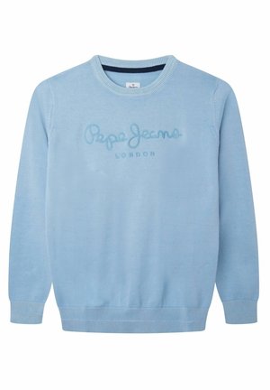 Maglione lavorato a maglia azzurro chiaro con colletto rotondo, polsini e orlo a coste, con "Pepe Jeans London" ricamato in un blu più scuro.