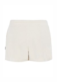 Shorts en terry cloth doux de couleur beige clair, dotés d'une taille élastique, de poches latérales et d'une coupe droite. Branding minimal sur l'ourlet.