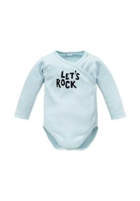 Body neonato a maniche lunghe di colore azzurro chiaro con chiusura a scatto e grafiche nere "LET'S ROCK" sul davanti. Tessuto in cotone soffice, design aderente.