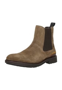 Bruine suède Chelsea-boot met elastische zijpanelen, textuuraccenten en een contrasterende bruine rubberen zool. Voorzien van een aantreklabel voor gemakkelijk aan- en uittrekken.