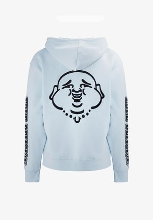 Sweat à capuche bleu clair avec un grand visage de Bouddha souriant noir dans le dos et un texte noir audacieux courant le long des deux manches.