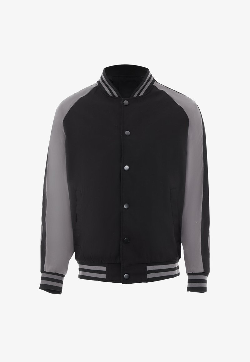Schwarze und graue Bomberjacke mit Knopfleiste, gerippten Bündchen und Kragen. Sie hat kontrastierende Ärmel und gestreifte Details am Saum.