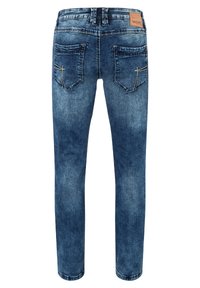 Blauwe denim jeans met een slim fit, met een middellange taille, twee achterzakken en een leren merklabel van bruin leer op de tailleband.