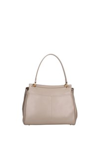 Borsa a mano in pelle beige con una forma strutturata, manico superiore e dettagli in metallo dorato. Presenta cuciture decorative sulla parte frontale.