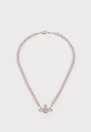 Necklace with purple faceted beads and a silver planet-shaped pendant adorned with pink stones, laid flat on a white background.