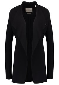 Schwarze Strickjacke mit Schalkragen, offenem Frontdesign, langen Ärmeln und einem kleinen Logoakzent in der Nähe der Schulter. Glatter Stoff, minimalistische Details.