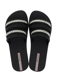 Czarne klapki flip-flop z dwoma świecącymi paskami zdobionymi kryształkami. Teksturowana podeszwa z geometrycznym wzorem. Logo wyeksponowane z boku.