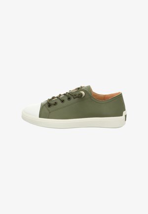 Low-top olive green leather sneaker with white rubber toe cap, white sole, and green laces, shown in side profile against white background.