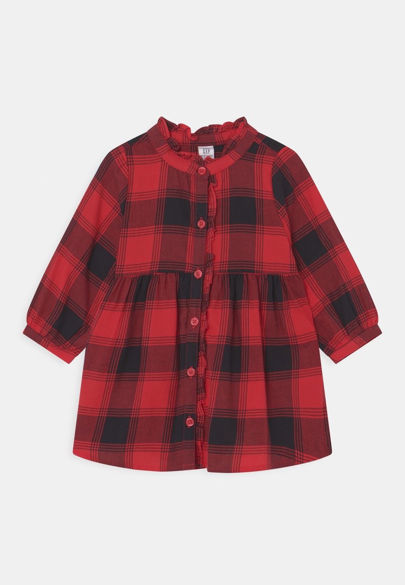 Robe bébé à manches longues à carreaux rouges et noirs avec boutons sur le devant et col à volants.