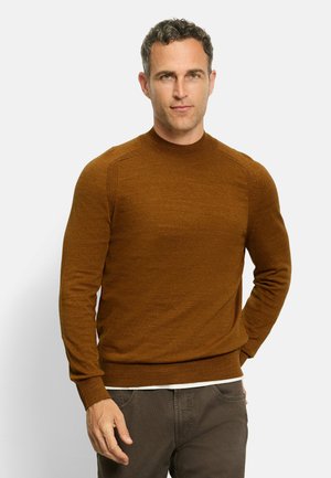 Brown knitted sweater with a round neckline, ribbed cuffs, and hem. Fabric features a smooth texture and subtle variations in color.