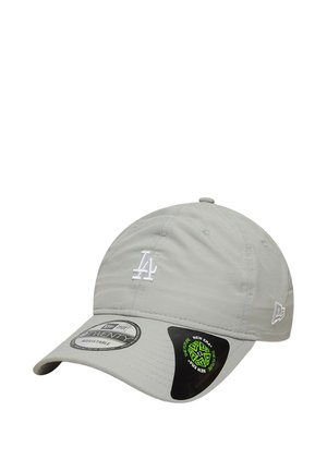 Light gray adjustable baseball cap with white LA logo on front and New Era logo on side, featuring branded stickers on the curved brim.