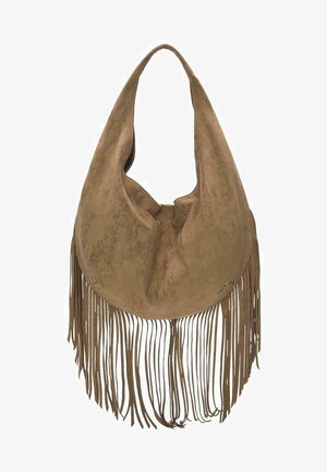 Soft brown suede hobo bag with wide strap and long fringe detailing along the bottom edge against white background.