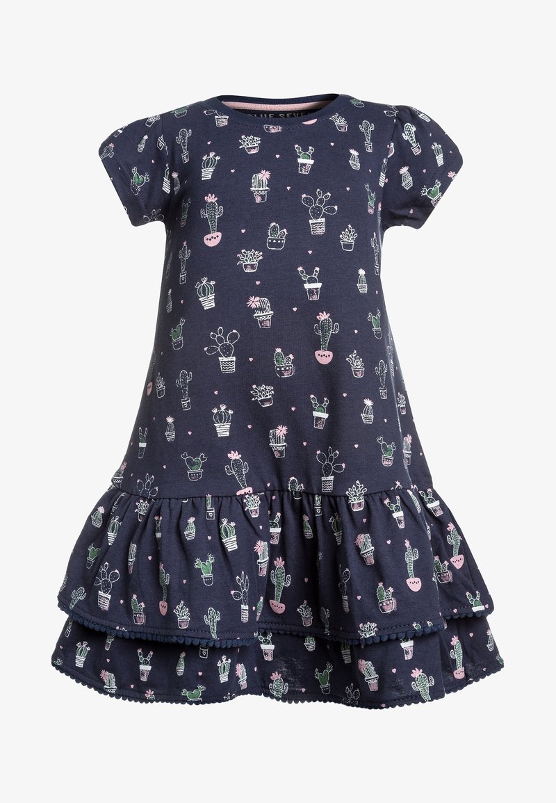 Robe bleu marine à manches courtes avec jupe superposée ornée de petits motifs de cactus roses et verts en pots dispersés sur le tissu.