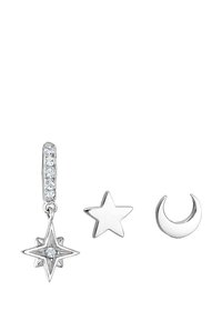 Silberne Ohrringe mit einem Stern mit Kristallakzent, einem schlichten Stern und einem Halbmond, alle mit einer glänzenden Oberfläche.