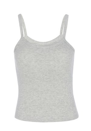 Lysegrå ærmeløs ribbet tanktop med tynde dobbelte skulderstropper og rundet halsudskæring.