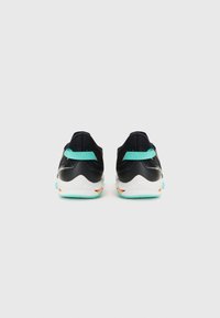 Black athletic shoes with a mesh upper, turquoise accents, white soles, and orange detailing. Rounded heel design for comfort.