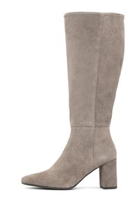Szare zamszowe kozaki do kolan z ostrym noskiem i grubym słupkowym obcasem. Gładka faktura z eleganckim pionowym detalem szwu po boku.