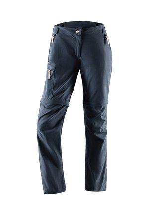 Dark gray convertible pants with zip-off legs, front and thigh zip pockets, and button closure at the waist.