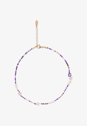 Colier delicat cu mărgele mici în nuanțe de violet, albastru, roz și alb, cu accente în formă de floare și perlă și închidere aurie.