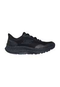 Scarpa da corsa impermeabile nera con tomaia texturizzata, accenti riflettenti e suola in gomma maculata progettata per stabilità e comfort.