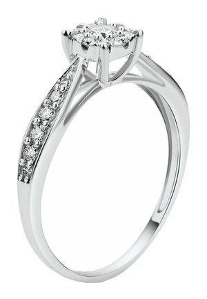 Ehering aus Weißgold mit einem runden, mit mehreren Edelsteinen besetzten Clusterdesign, kleinen Diamanten entlang des Rings und einer polierten, glatten Oberfläche.