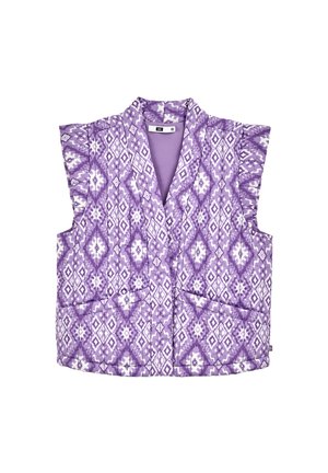 Lila gemusterte Weste mit kragenlosem Design, kurzen Rüschensäumen und zwei Fronttaschen. Sie zeigt aufwendige weiße geometrische Muster.
