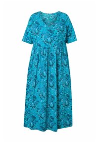 Turkusowa bawełniana sukienka z krótkimi rękawami, dekoltem w kształcie litery V oraz kwiecistym wzorem w spirale. Posiada marszczoną talię oraz długość midi, co zapewnia zwiewny kształt.