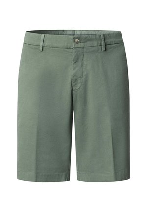 Pánske ležérne šortky olivovo zelenej farby s pútkami na opasok, predným zapínaním na gombík a bočnými vreckami, zobrazené na bielom pozadí.