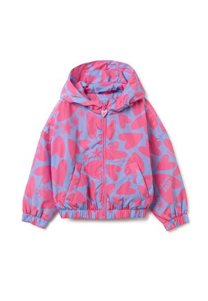 Veste légère à capuche avec un motif brillant rose et bleu comportant des cœurs et des étoiles. Poignets élastiques et taille élastique, zip avant et poches.