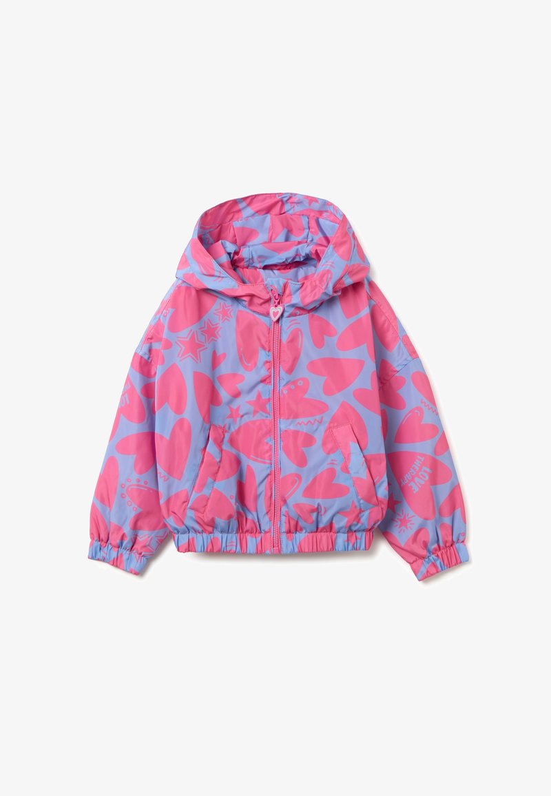 Lichte, hooded jas met een glanzend roze en blauw patroon met harten en sterren. Elastische manchetten en tailleband, rits aan de voorkant en zakken.