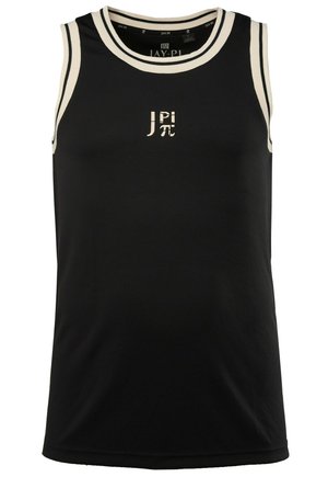 Schwarzes ärmelloses Tanktop mit weißen gestreiften Akzenten am Hals und den Ärmeln, mit einem Frontlogo in kontrastierender heller Farbe.