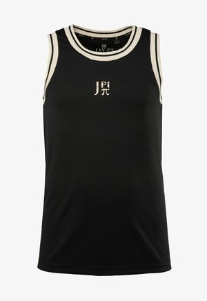 Schwarzes ärmelloses Tanktop mit weißen gestreiften Akzenten am Hals und den Ärmeln, mit einem Frontlogo in kontrastierender heller Farbe.