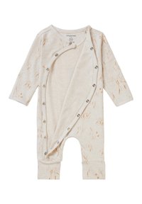 Un body pour bébé de couleur crème en tissu doux, présentant un motif floral en or atténué. Des boutons-pression décorent l'avant ; design à manches longues et avec pieds.
