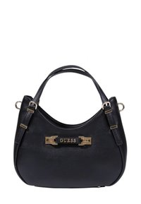 Mustast nahast käekott ümmarguse kujuga, millel on kuldse tooniga detail ja metallist logoplaat ees. Kaks lühikest käepidet.